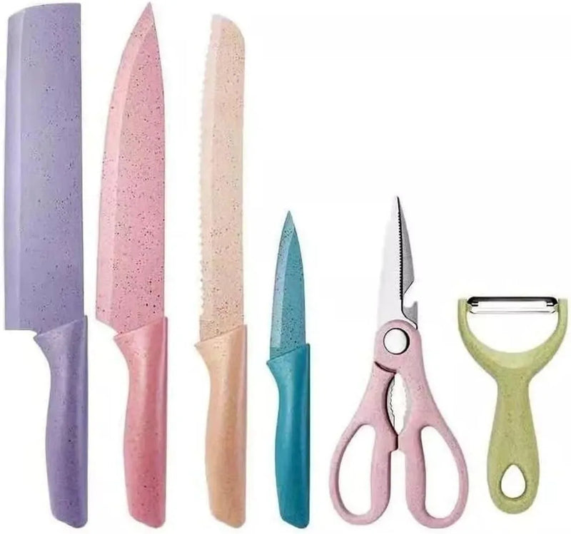 Conjunto Kit Facas Profissional Colorido em Aço Inoxidável com 6 Peças para Churrasco e Cozinha Kitchen Tesoura Facas